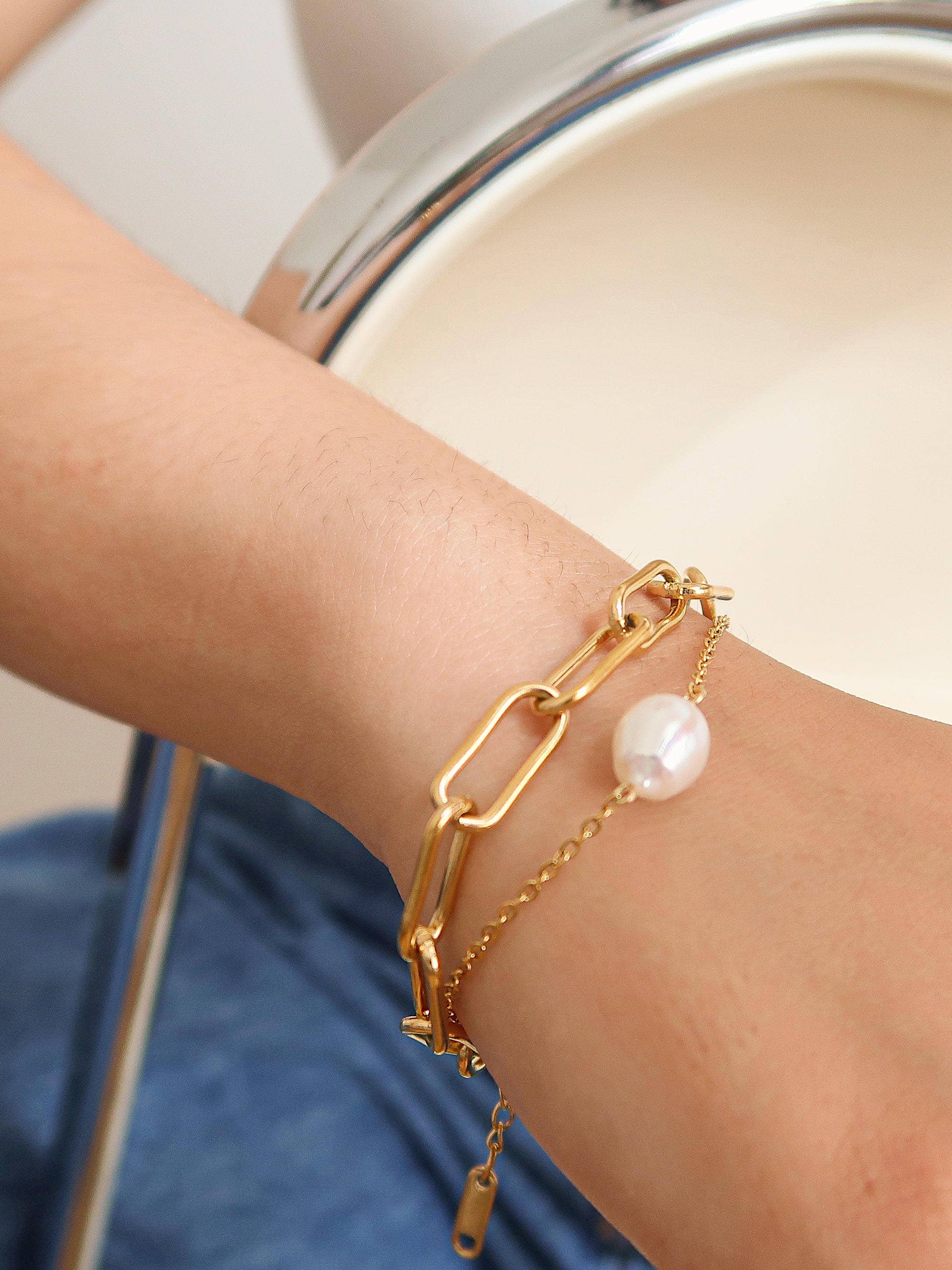Aether Gold Stacked Chain Pearl Non-Tarnish Bracelet: Yellow Gold