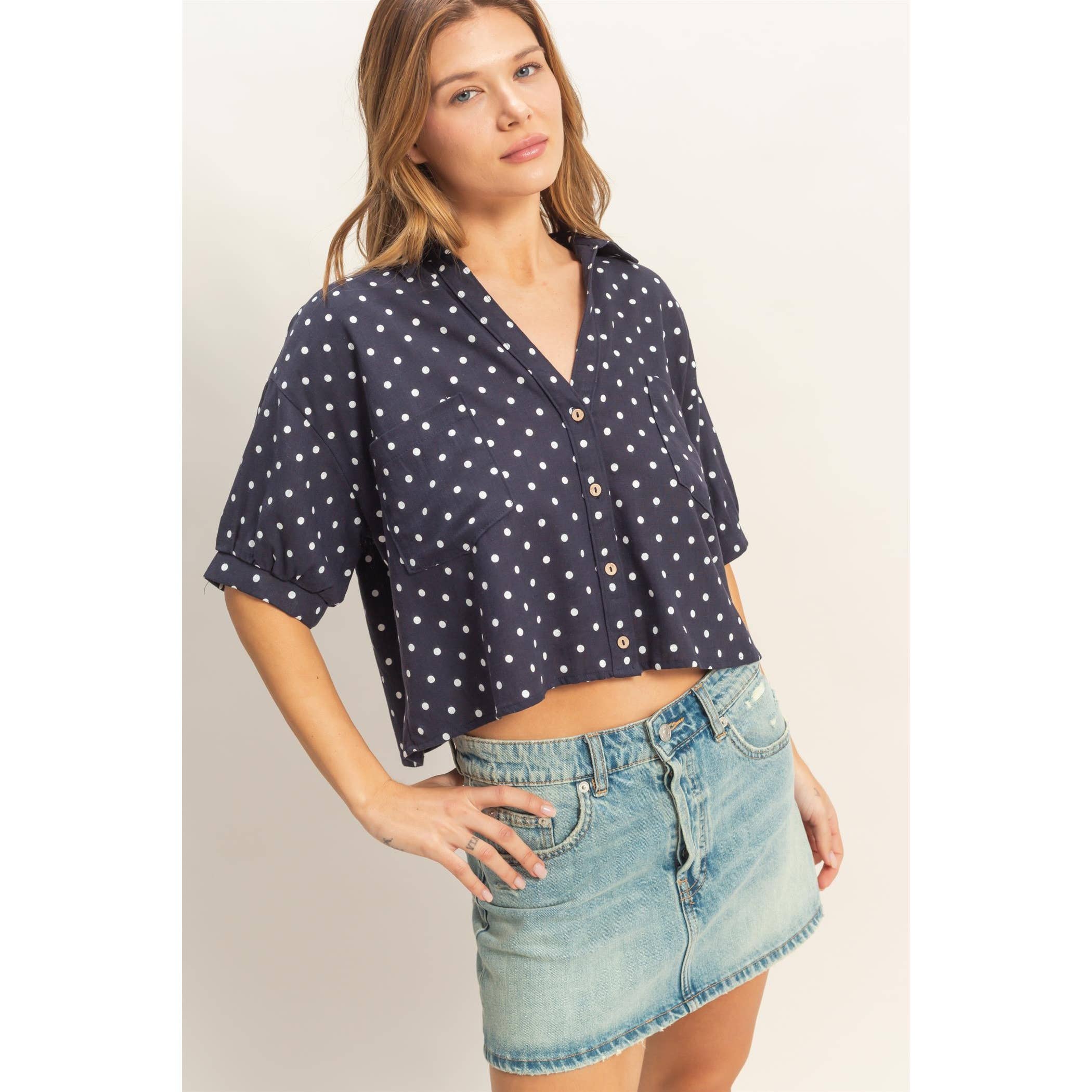 Polka Dot Button-Up Shirt: NAVY,