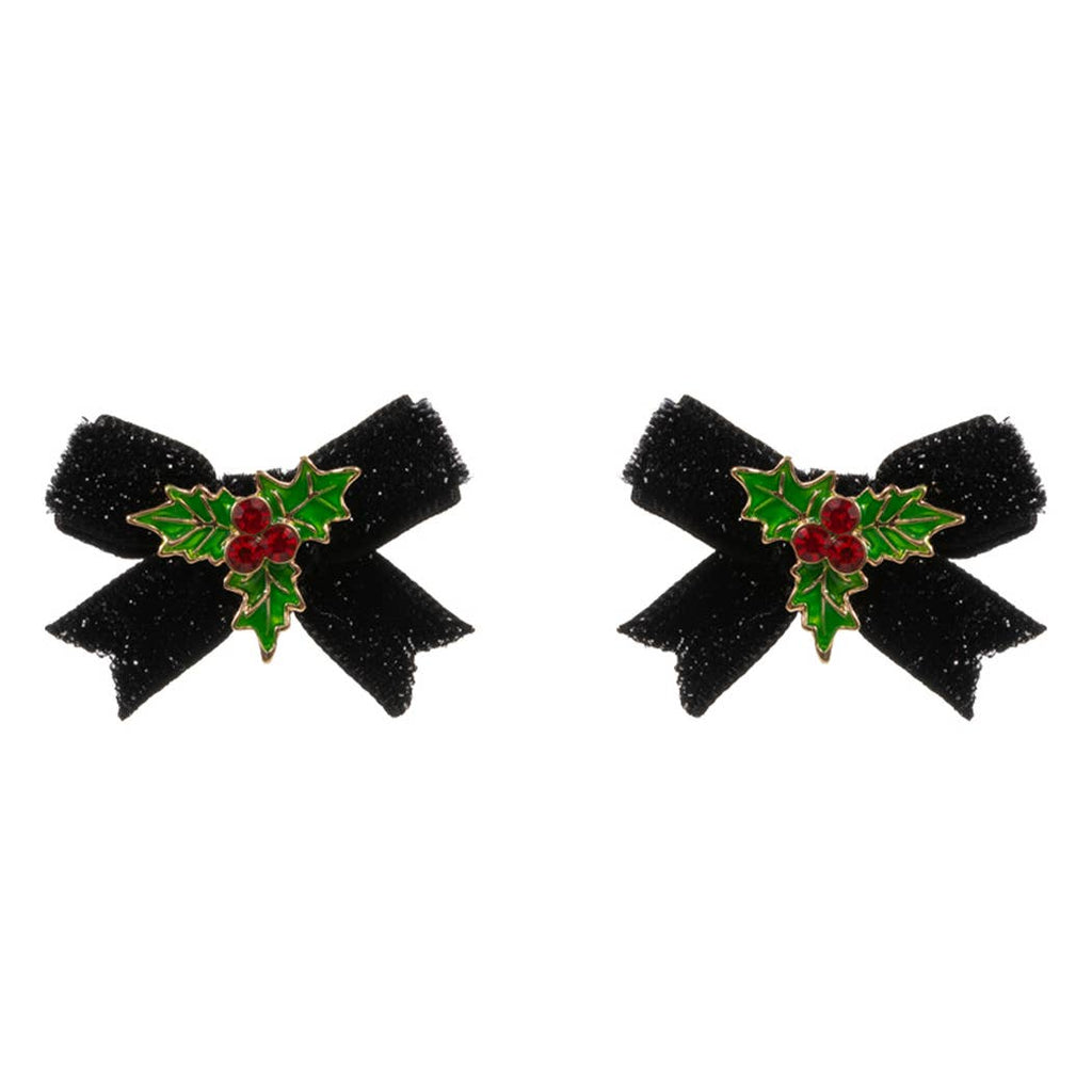 Christmas Holly Enamel w Velvet Bow Post Earrings: Red, ONE SIZE