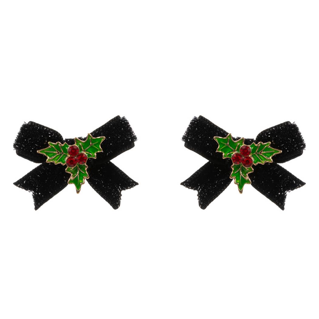 Christmas Holly Enamel w Velvet Bow Post Earrings: Red, ONE SIZE