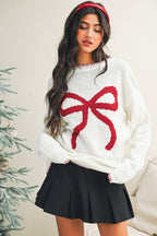 White Bow Long Sleeve Sweater