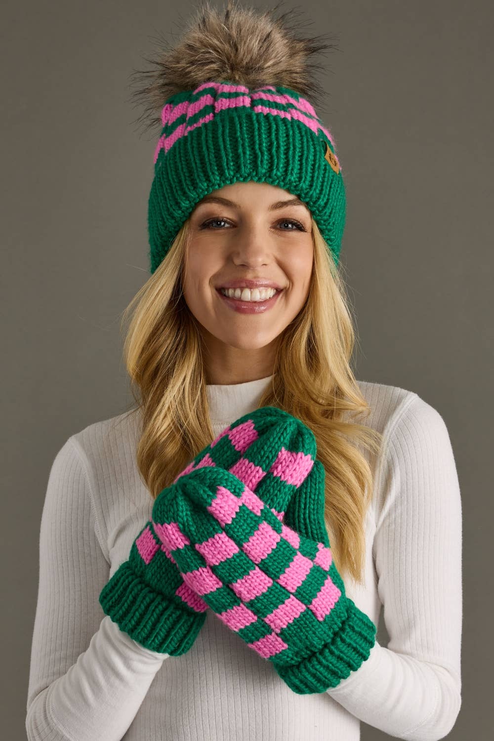 Green & Pink Checkered Pom Hat