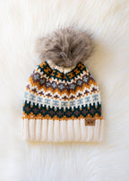 Cream & Multi Patterned Pom Hat