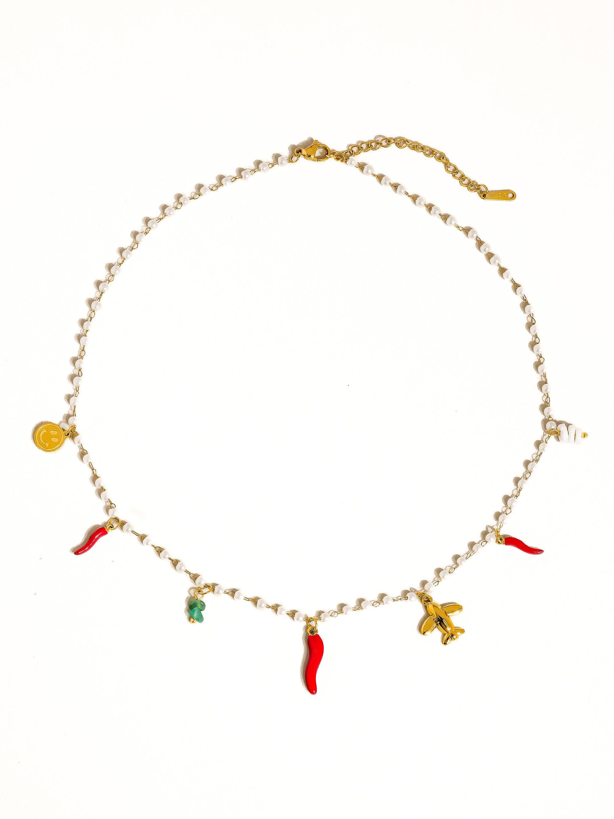 Gold Non-Tarnish Chili Charm Pearl Necklace