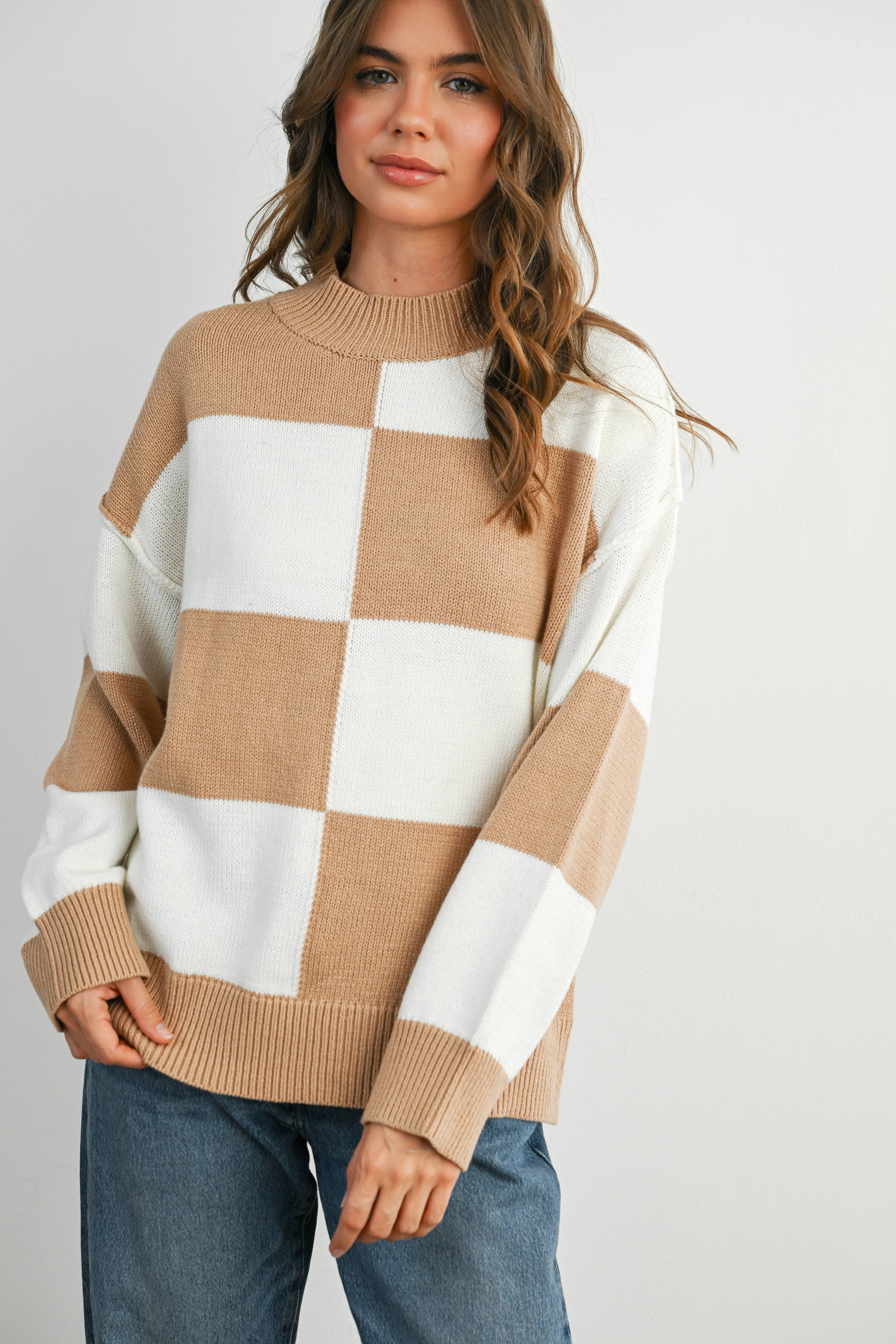 Trendy Checkered Sweater -TAUPE / IVORY