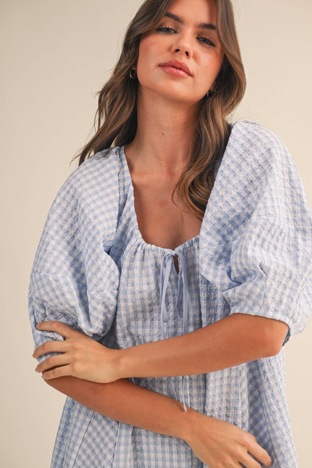 GINGHAM ROMPER: BABY BLUE