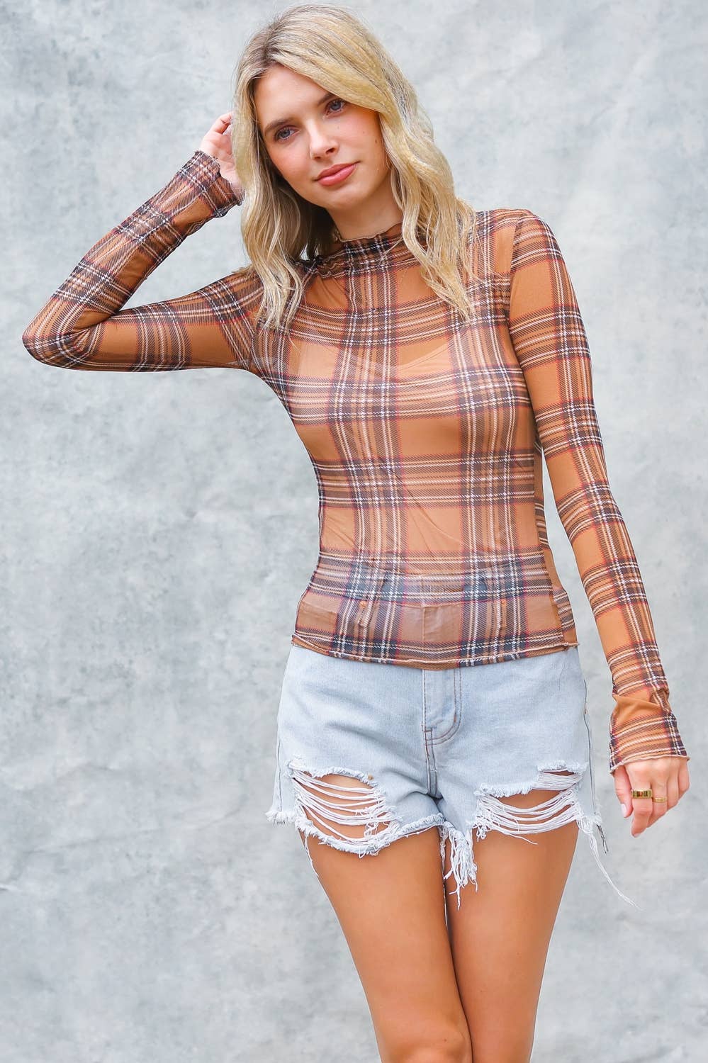 Checkered Mesh Long Sleeve
