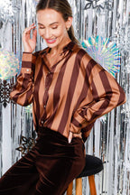 Striped Satin Top Mocha/Brown