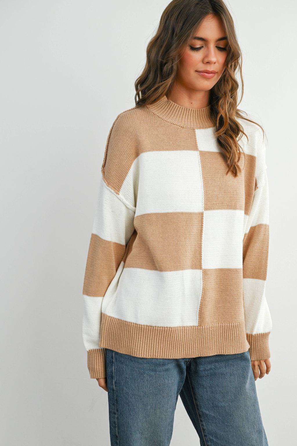 Trendy Checkered Sweater -TAUPE / IVORY