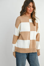 Trendy Checkered Sweater -TAUPE / IVORY