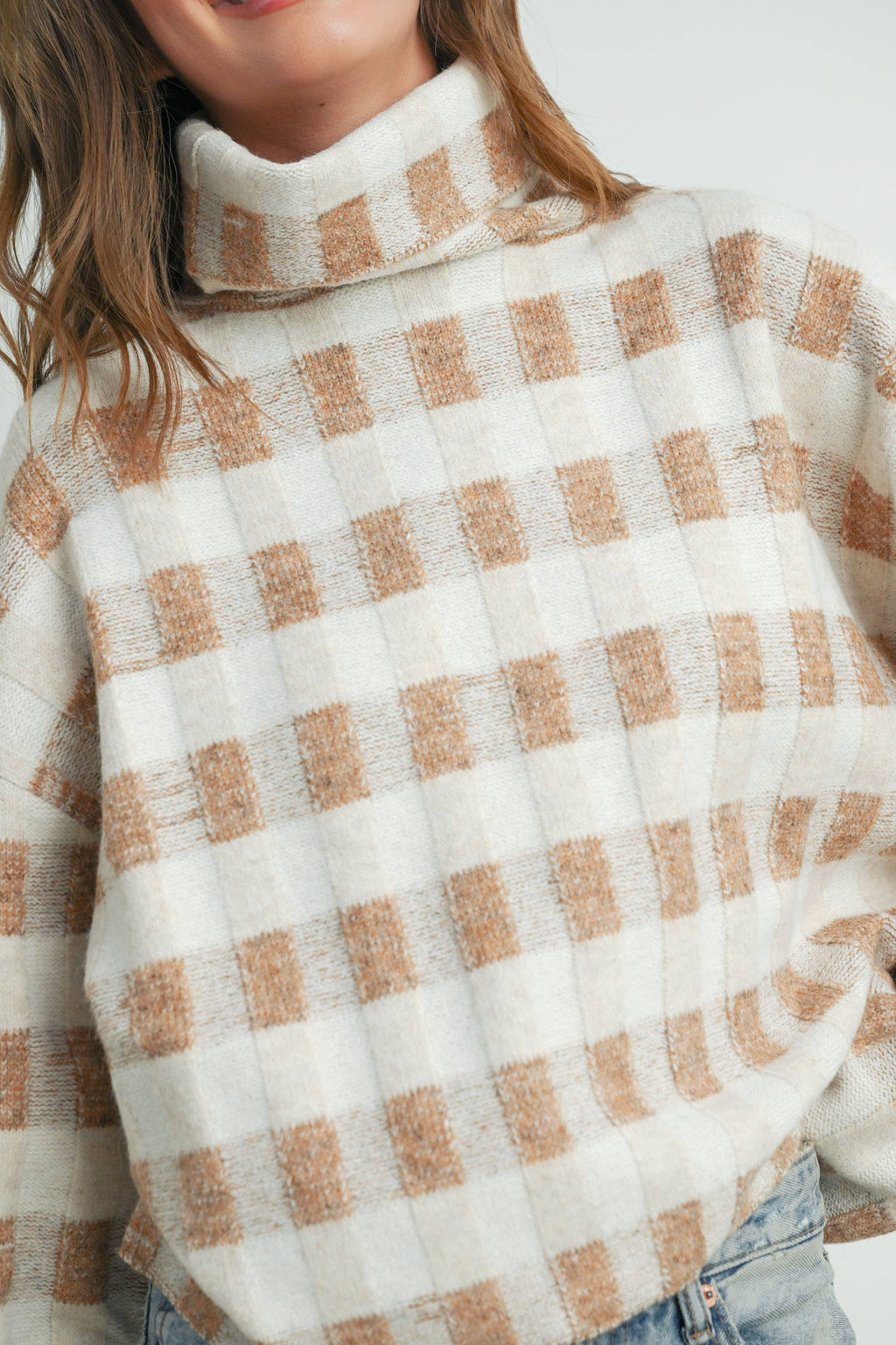 Check Turtleneck Sweater Taupe