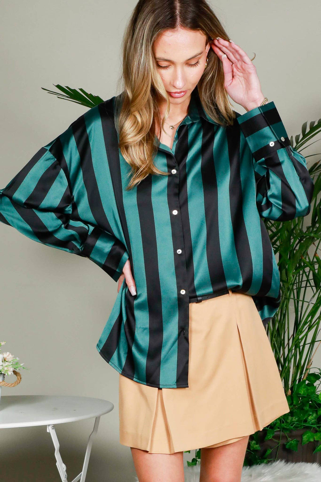Striped Satin Top Mocha/Brown
