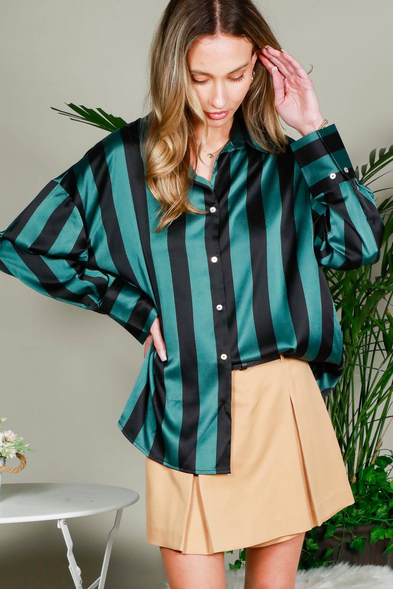 Striped Satin Top Mocha/Brown