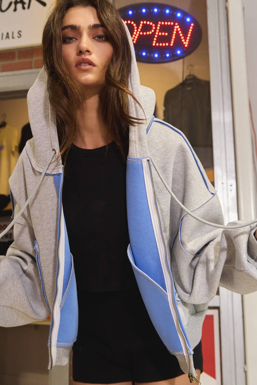 Contrast Seam Jacket ASH GREY/BLUE