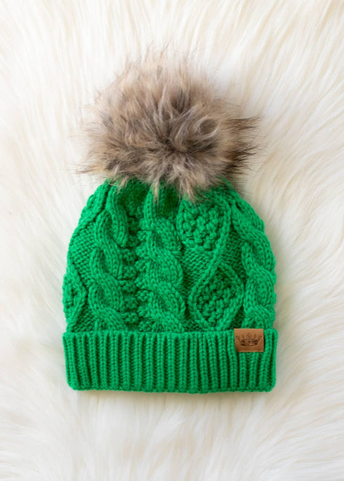 Bright Green Cable Knit Pom Hat