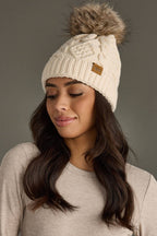 Beige Cable Knit Pom Hat