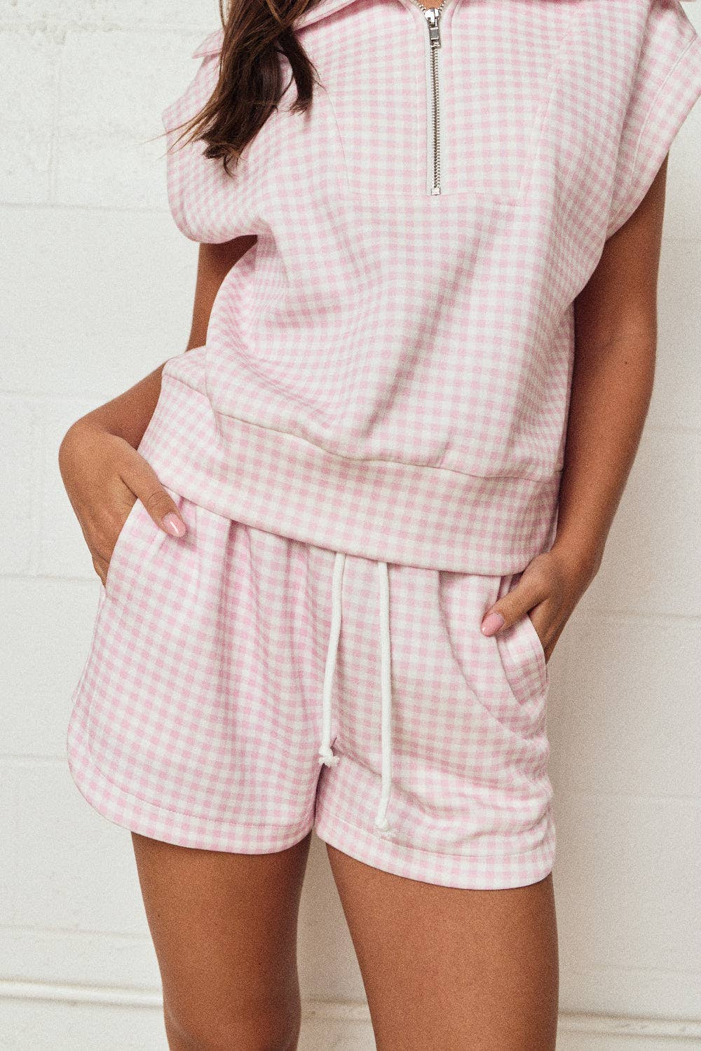 Gingham Zip Up Top Short Set