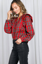 Lace Trim Ruffle Plaid Blouse