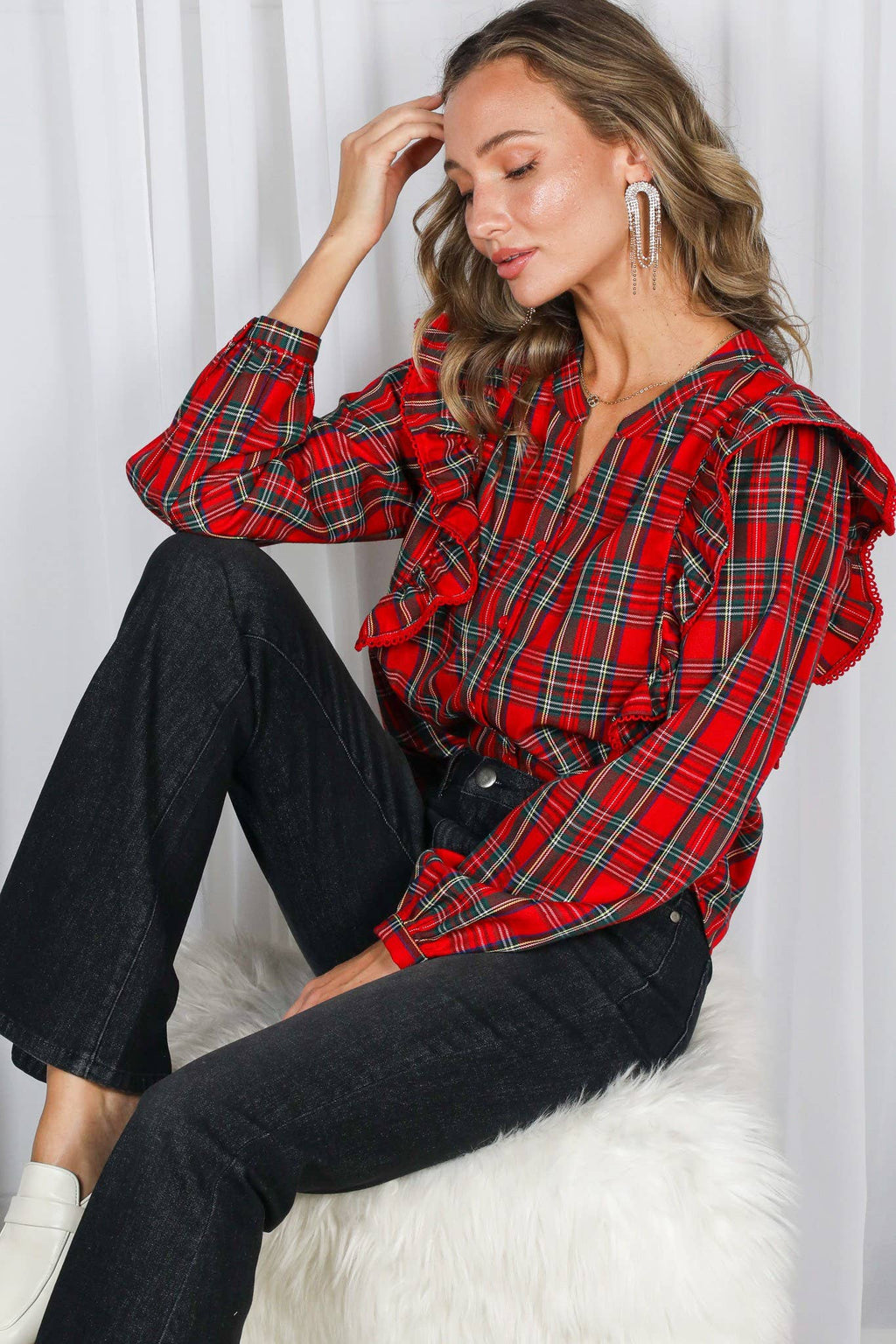 Lace Trim Ruffle Plaid Blouse