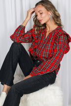 Lace Trim Ruffle Plaid Blouse