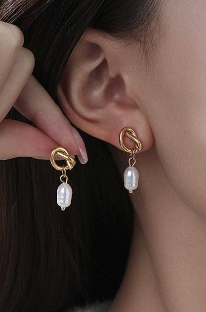 Tarnish Free Knot Pearl Drop Earrings