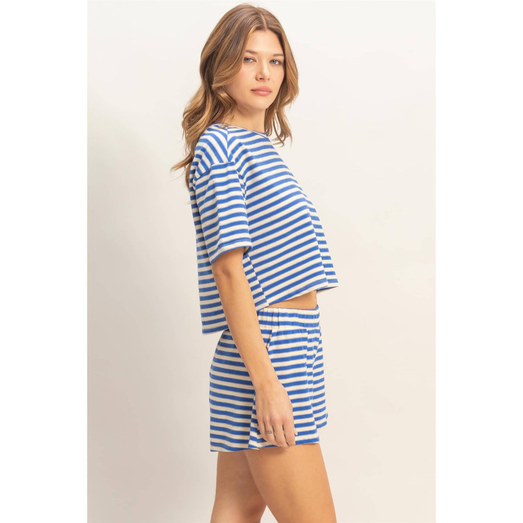 Blue Striped Crew Neck Short Set
