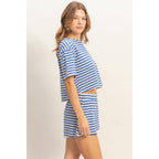 Blue Striped Crew Neck Short Set