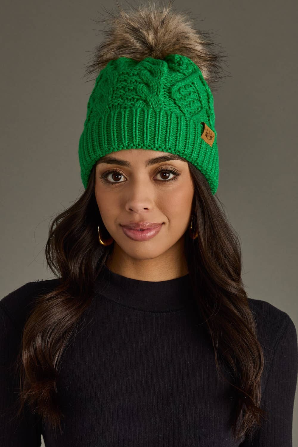 Bright Green Cable Knit Pom Hat