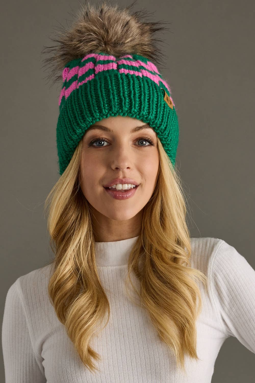 Green & Pink Checkered Pom Hat