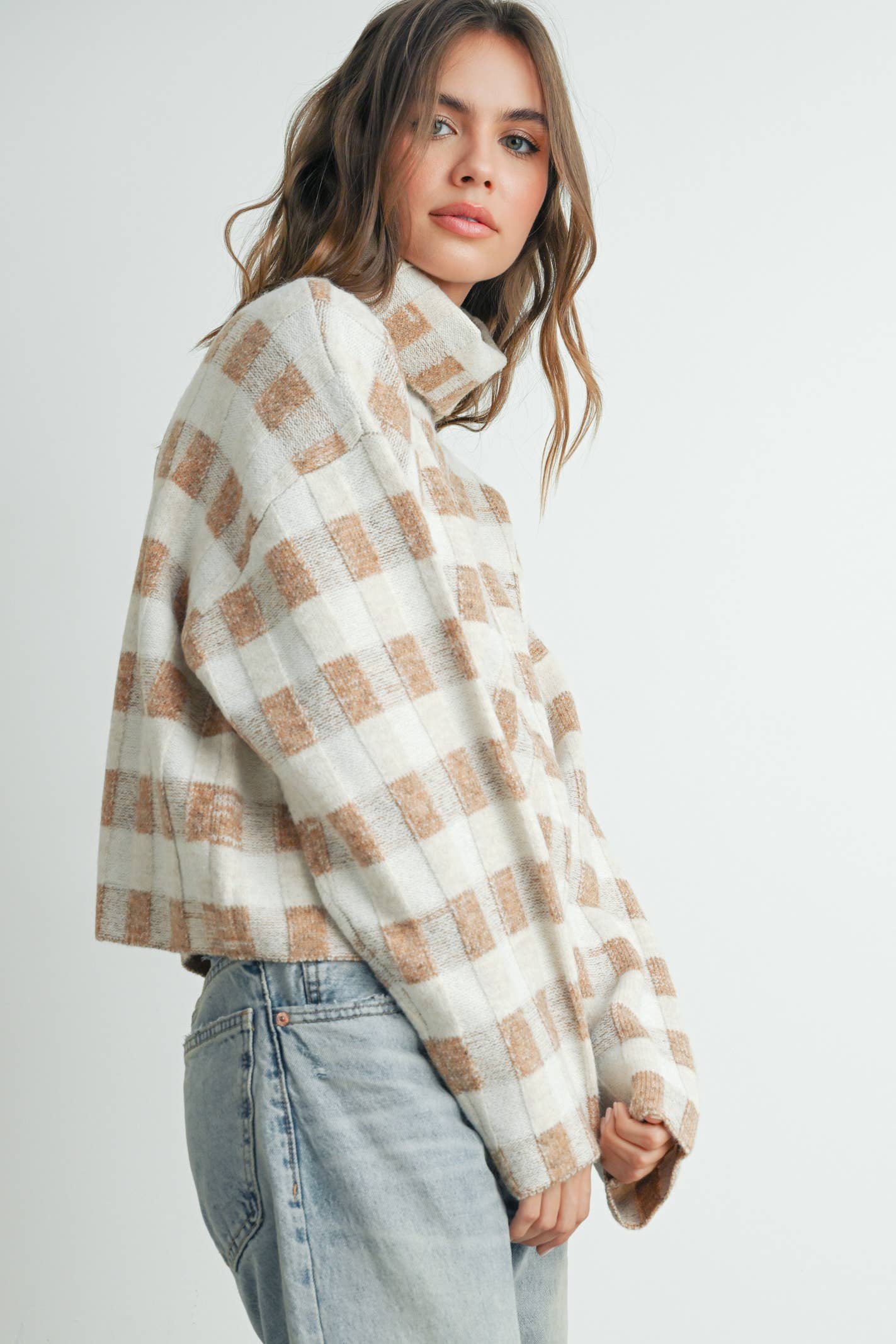 Check Turtleneck Sweater Taupe