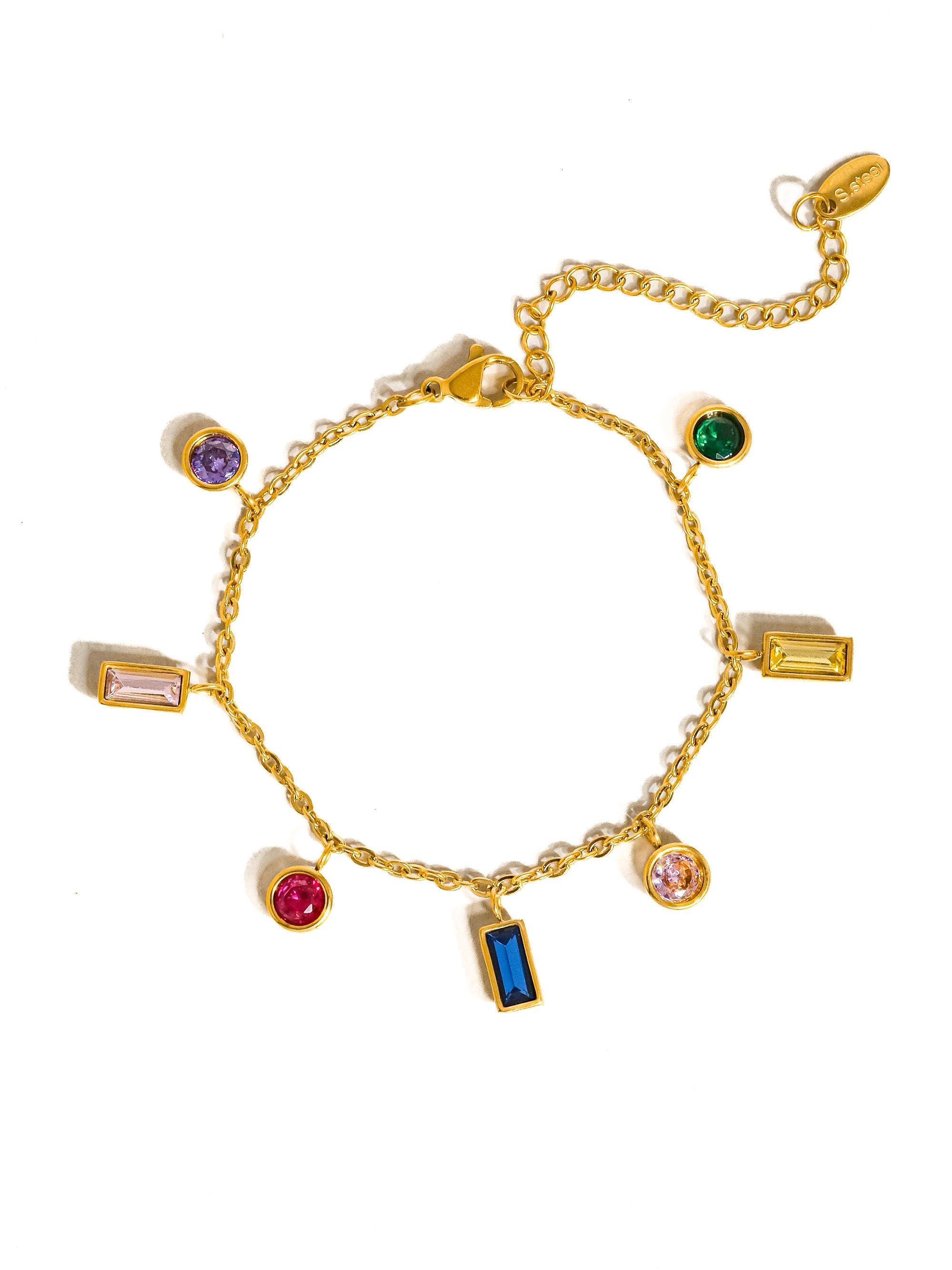 Sydney 18K Gold Non-Tarnish Multi CZ Tassel Bracelet: Multi-Colored