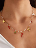 Gold Non-Tarnish Chili Charm Pearl Necklace