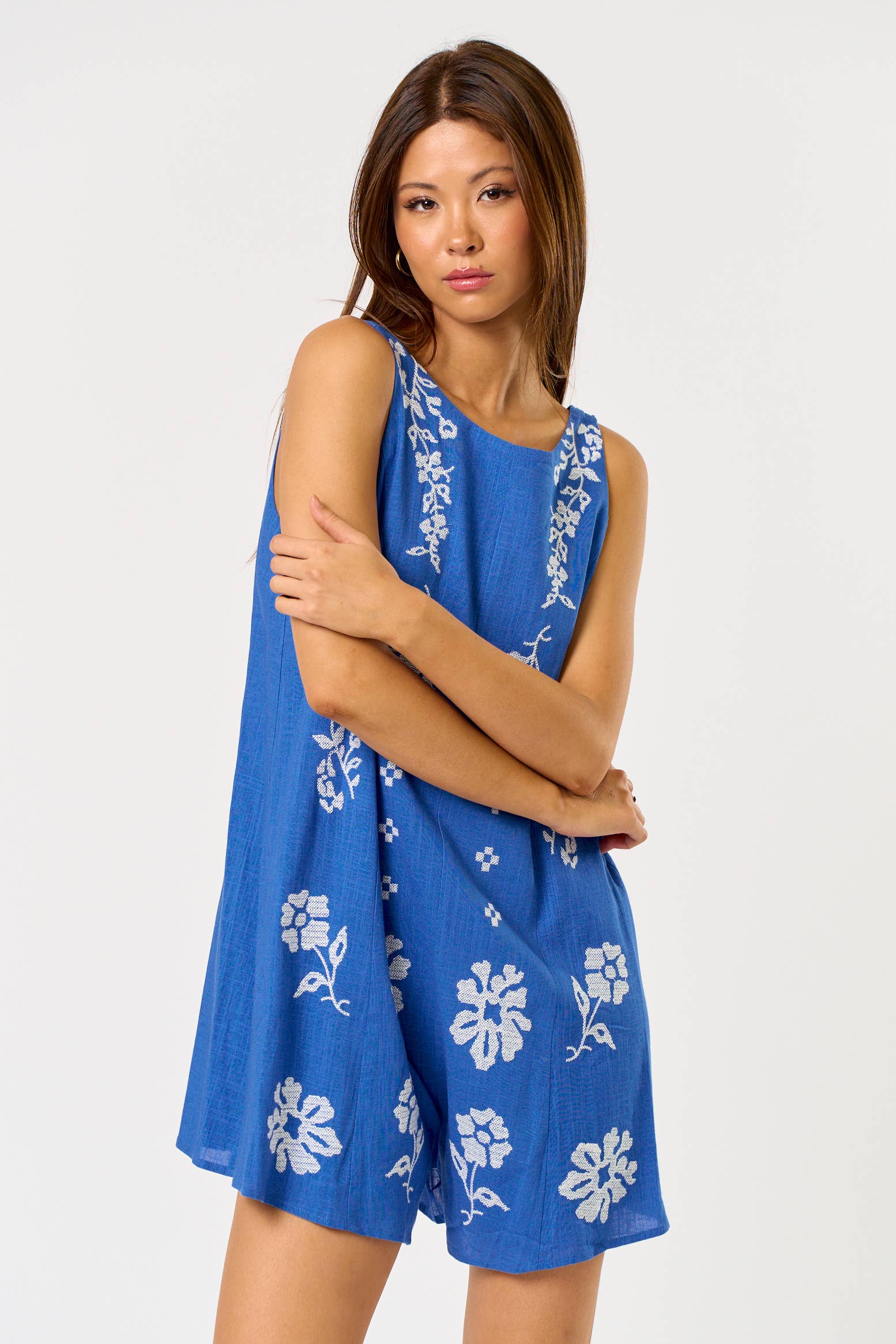 Linen Floral Embroidered Romper