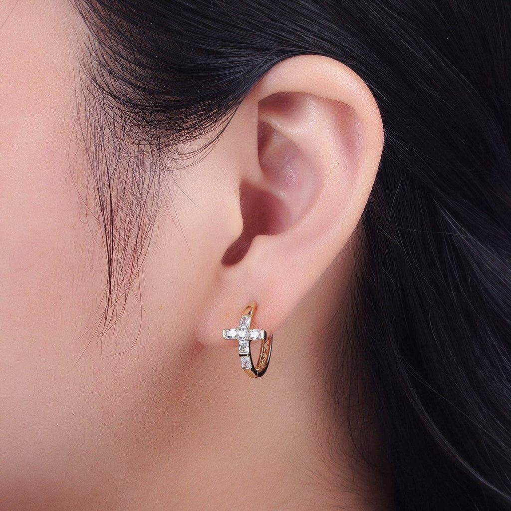 Gold CZ Cross Hoops