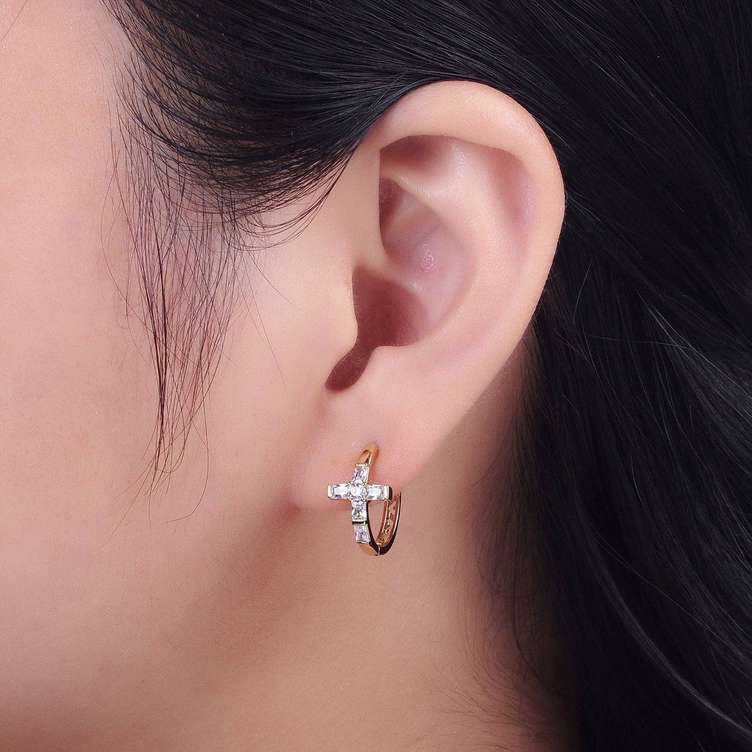 Gold CZ Cross Hoops