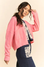 SOLID LONG SLEEVE LOOSE FIT POCKETS CARDIGAN: BUBBLE PINK, S