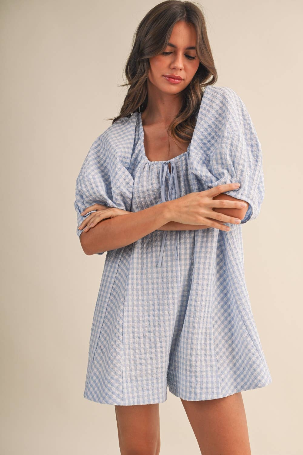 GINGHAM ROMPER: BABY BLUE