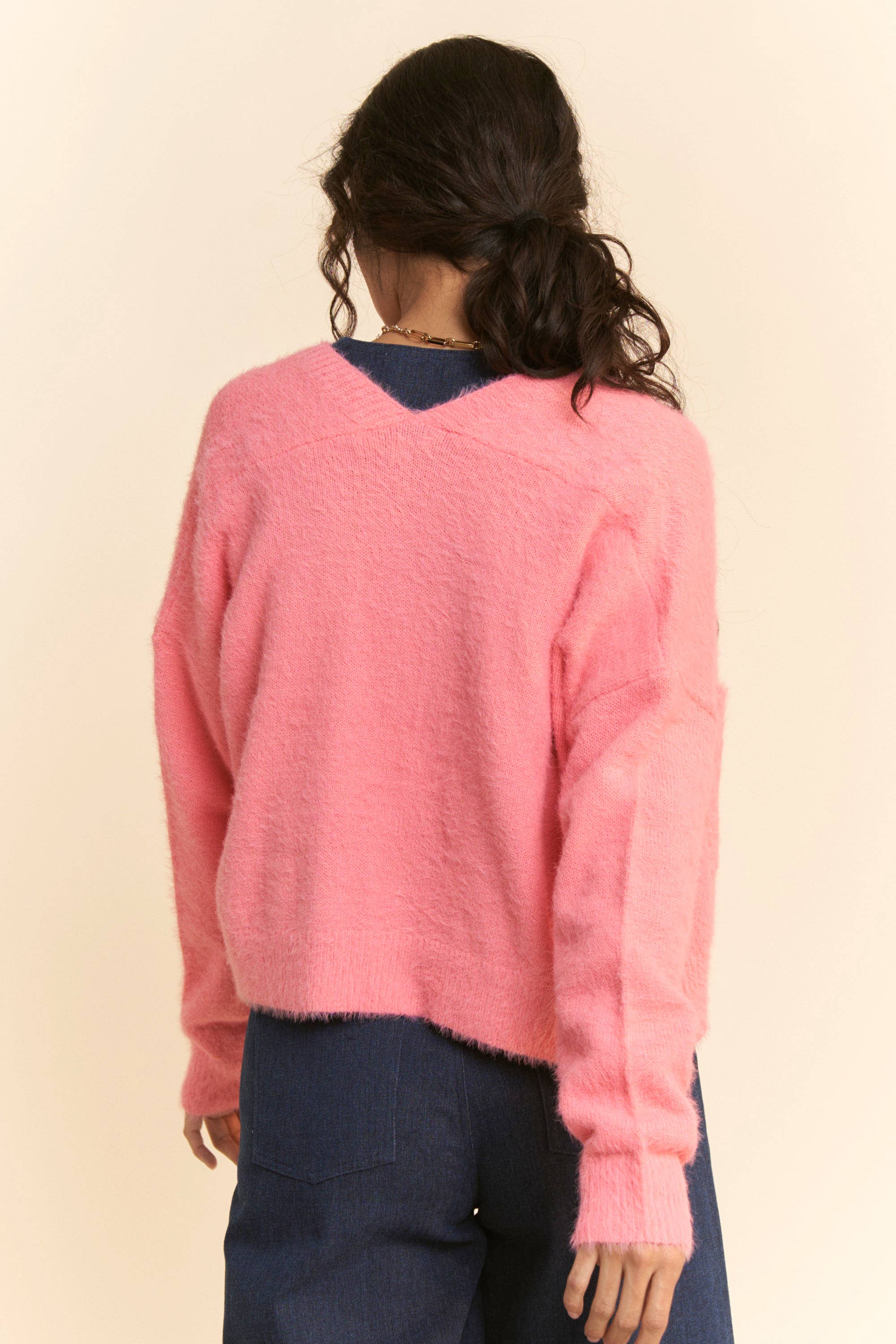 SOLID LONG SLEEVE LOOSE FIT POCKETS CARDIGAN: BUBBLE PINK, S