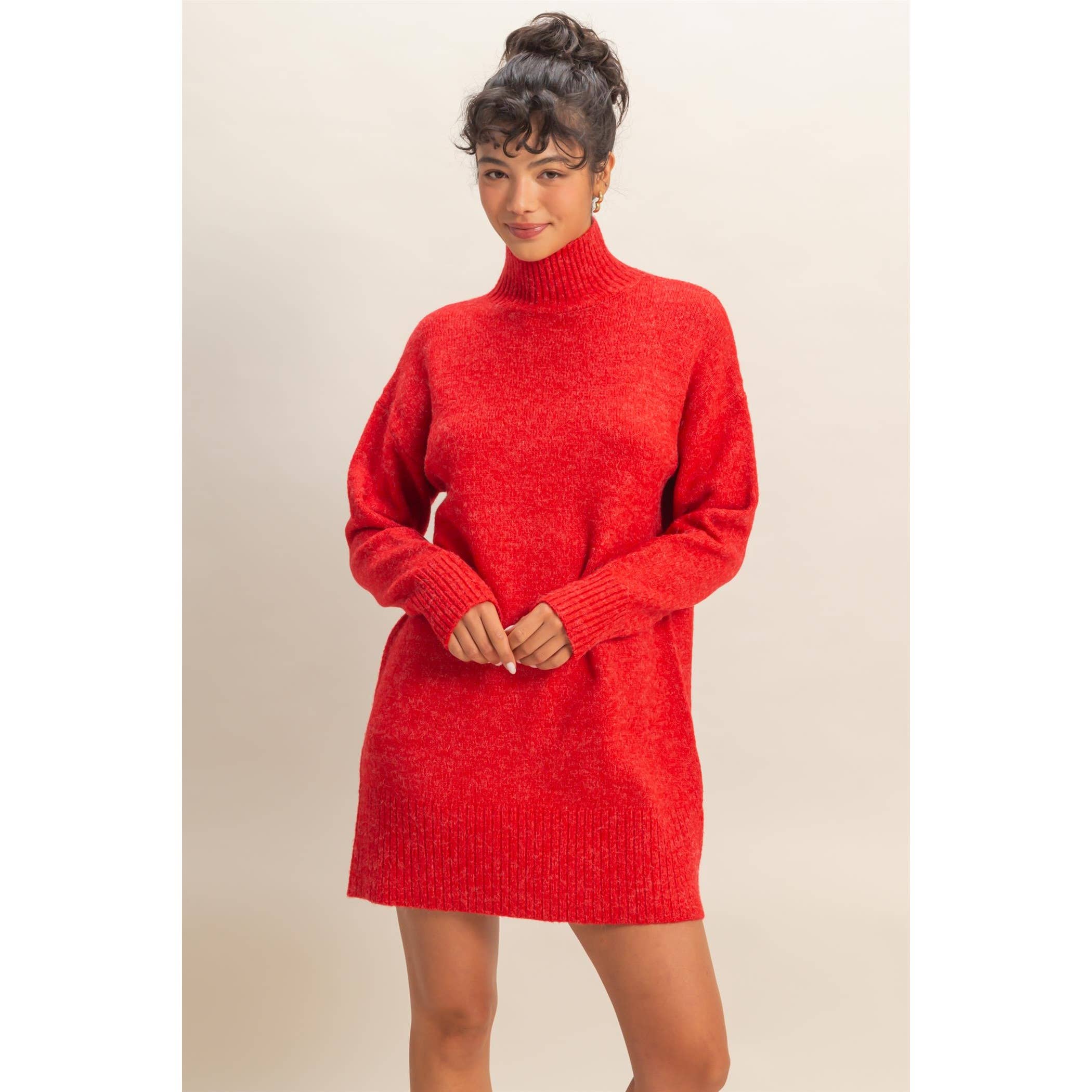 High Neck Sweater Mini Dress: Red