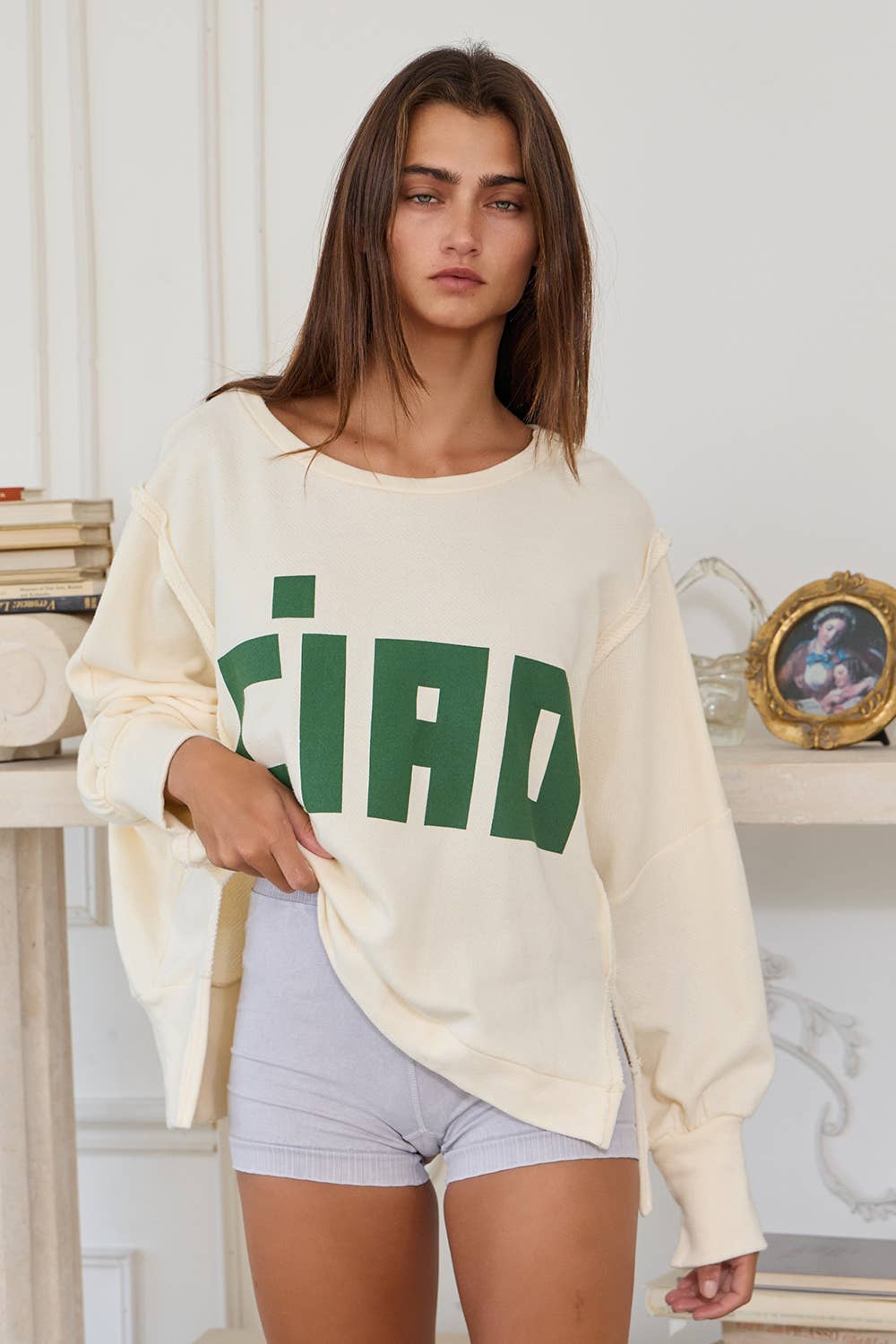 'CIAO' Raw Edge Detail Solid Terry Top