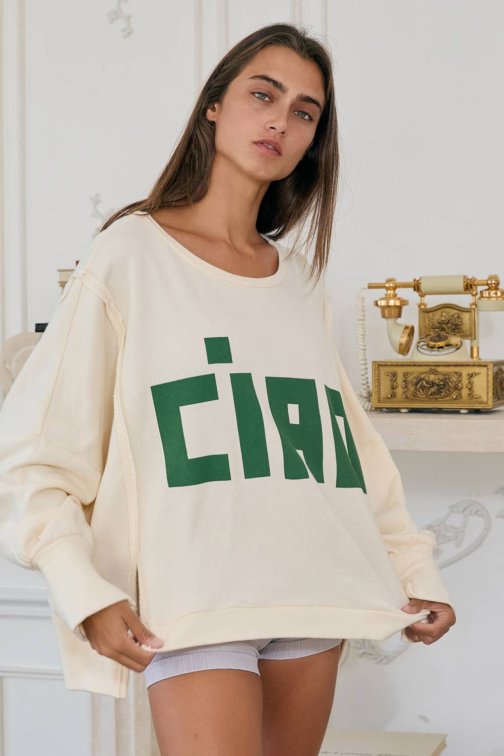 'CIAO' Raw Edge Detail Solid Terry Top