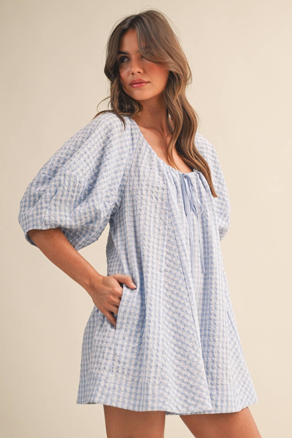 GINGHAM ROMPER: BABY BLUE