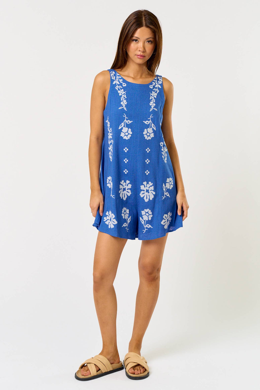 Linen Floral Embroidered Romper