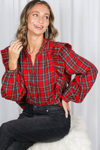 Lace Trim Ruffle Plaid Blouse