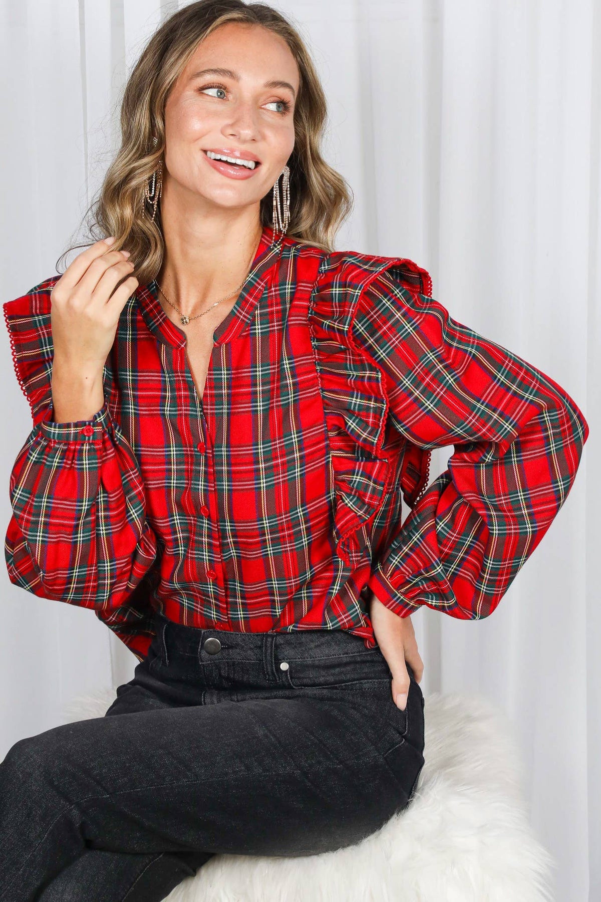 Lace Trim Ruffle Plaid Blouse