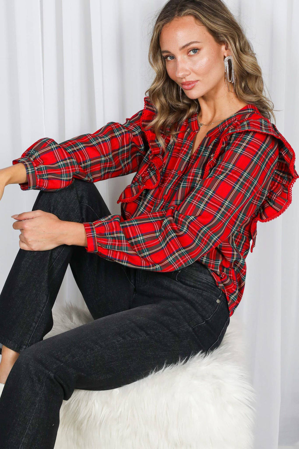Lace Trim Ruffle Plaid Blouse