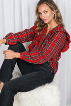 Lace Trim Ruffle Plaid Blouse