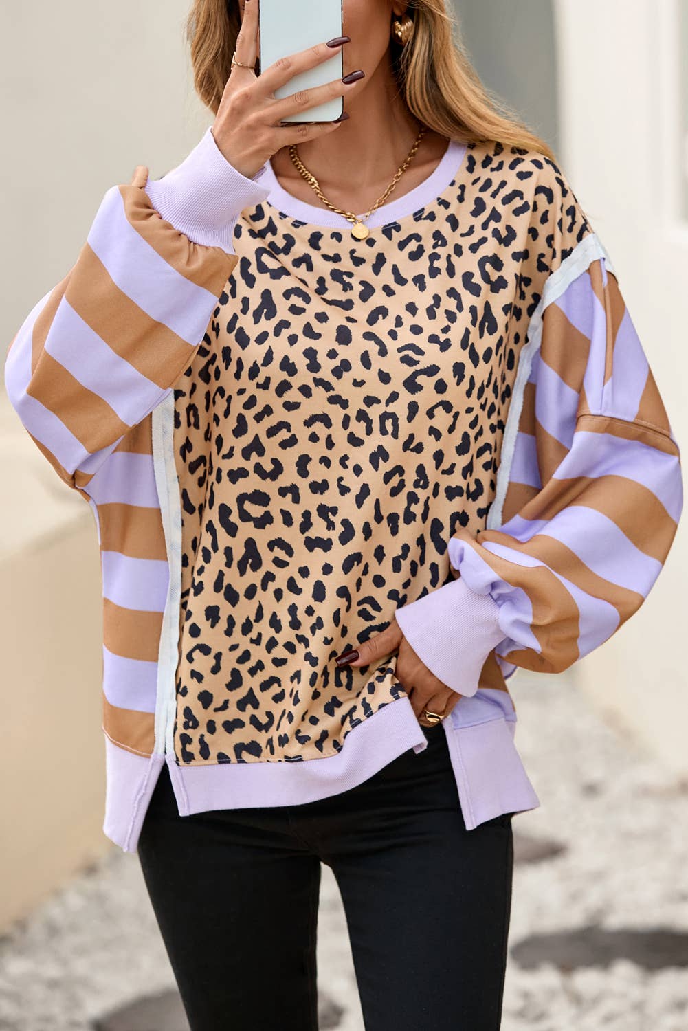 Leopard Striped Color Block Sweatshirt