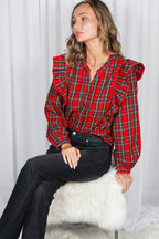 Lace Trim Ruffle Plaid Blouse