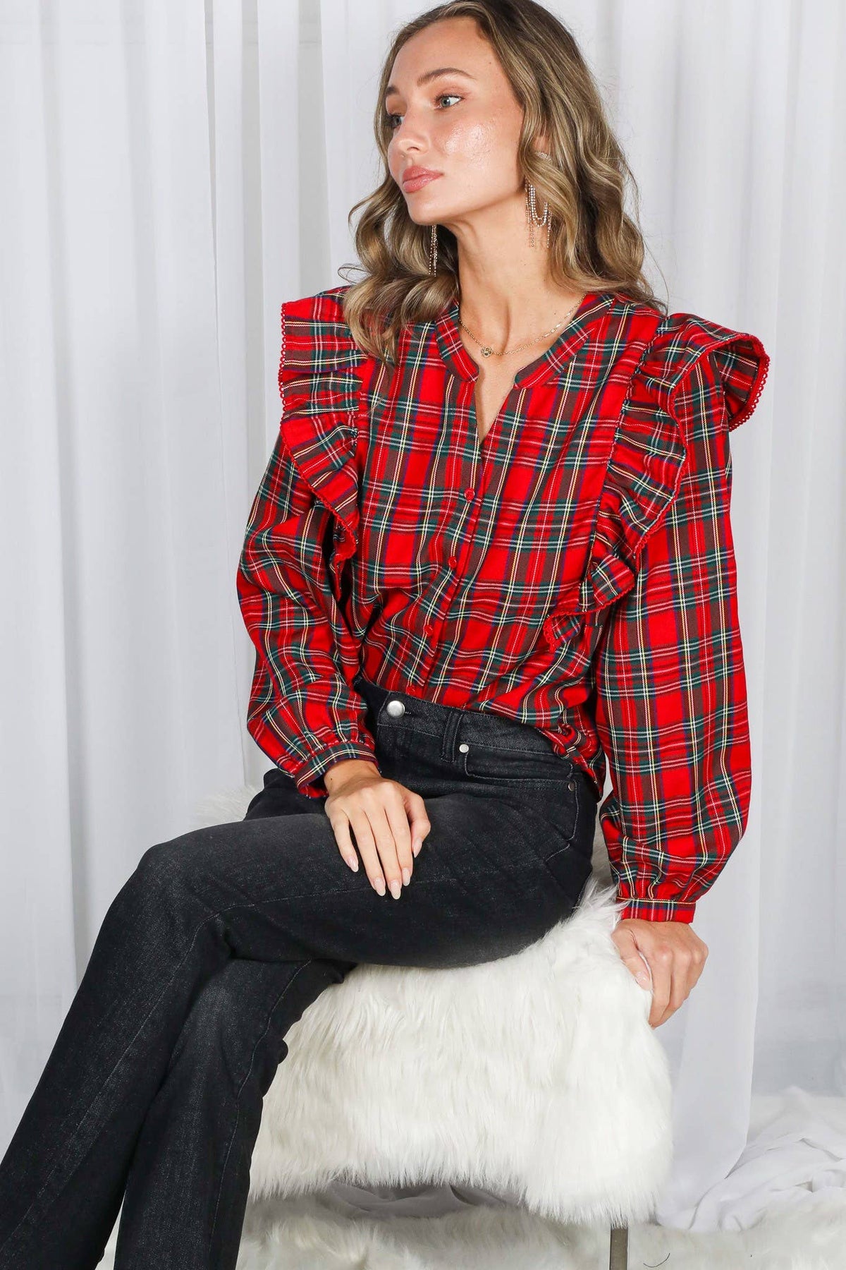 Lace Trim Ruffle Plaid Blouse